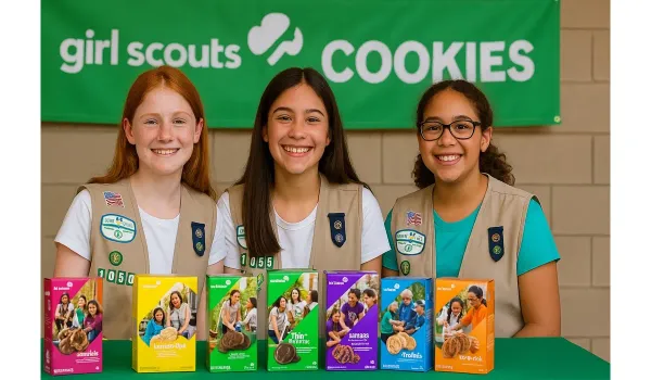 Girl Scouts selling cookies at a booth