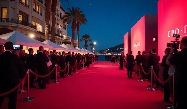 A glamorous red carpet event in 2025 with photographers and movie premiere banners