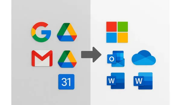 Split-screen graphic showing Google Workspace icons moving to Microsoft 365 apps. migrate from Google Workspace to Microsoft