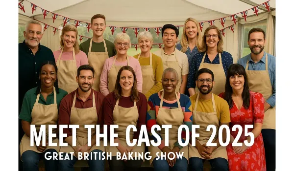 Great British Baking Show cast 2025 posing in tent