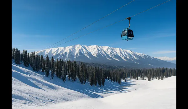 Snowy slopes and gondola in Gulmarg — how to explore India in December.