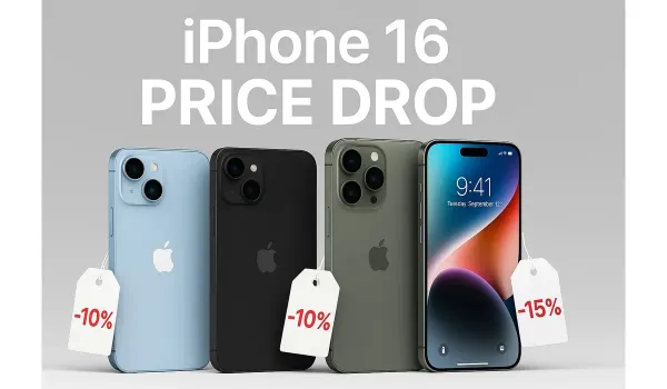 iPhone 16 Price Drop models shown with discount pricing graphics.