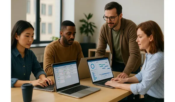 Team collaborating using best project management apps in a modern workspace.