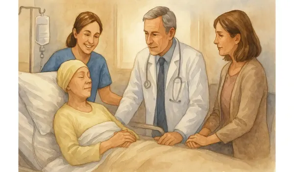 Watercolor illustration of a cancer patient in bed with supportive doctor, nurse, and family, symbolizing palliative care.