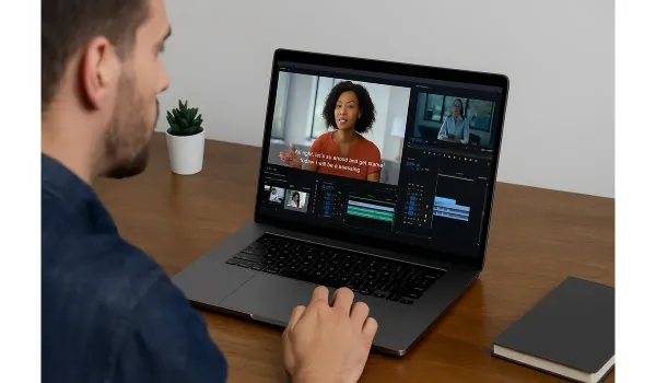 Person editing video with AI tool generating captions and subtitles automatically.