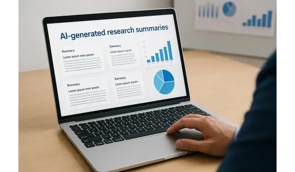Professional using AI-powered research tool to condense reports.
