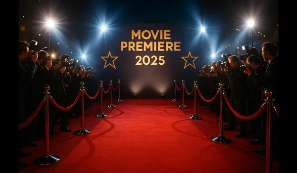 Glamorous red carpet event in 2025 with photographers and movie premiere backdrop