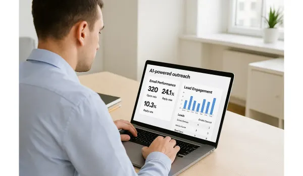 Sales professional using AI Tools That Improve Your Sales Outreach Fast with analytics on screen