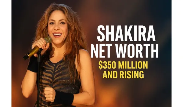 Shakira performing live on stage with net worth overlay