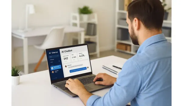 Best AI Chatbots for Small Businesses owner using AI chatbot dashboard on laptop