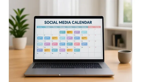 Laptop displaying an auto-generated social media content calendar.