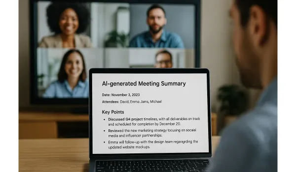 Team reviewing AI-generated meeting notes on a laptop.