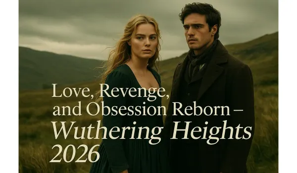 Margot Robbie and Jacob Elordi as Catherine and Heathcliff on the moors in Wuthering Heights 2026.