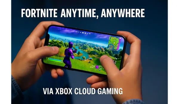 Xbox Cloud Gaming Fortnite on a smartphone using Xbox Cloud Gaming, showcasing mobile gaming flexibility.