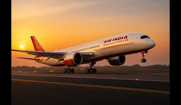 Air India Transformation 2025 featuring a modern Air India A350 aircraft taking off at sunrise.