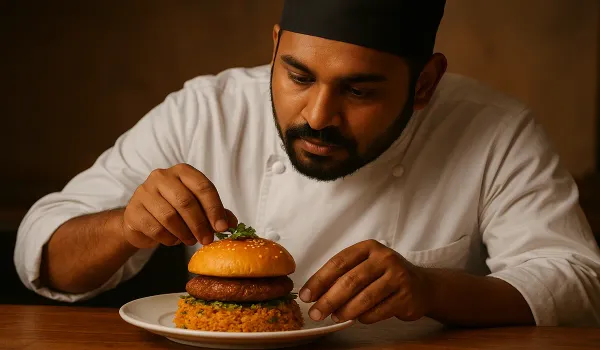 American comfort food fusion burger plated by Indian chef.