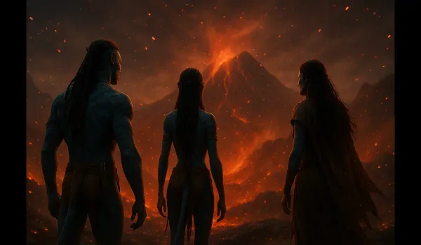 Avatar Fire and Ash trailer breakdown main scene showing Jake, Neytiri, and Varang amid volcanic ash.