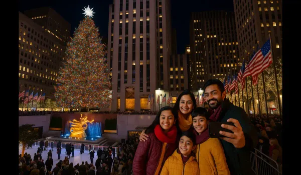 Christmas in New York USA with Indian family enjoying Rockefeller Center lights.