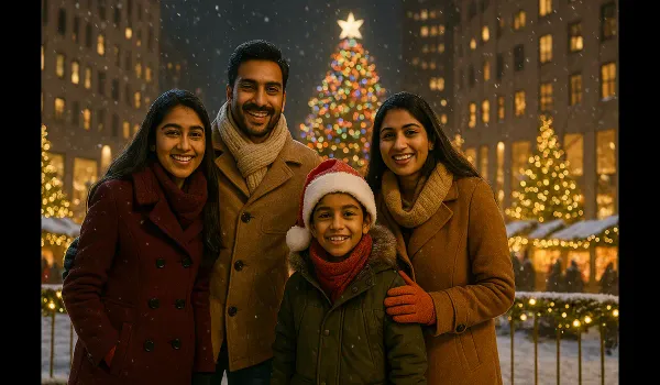 Indian family celebrating Christmas at Rockefeller Center New York.