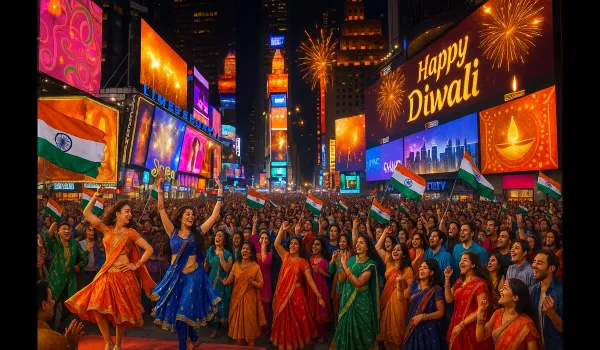 Desi festivals in USA celebration in Times Square with Bollywood dancers.
