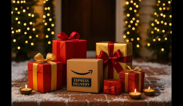 Last-minute Christmas gift ideas in USA with fast shipping showing festive presents on doorstep.
