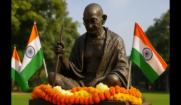 significance of Gandhi Jayanti 2 October celebration with Gandhi statue and flowers