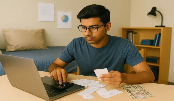 Indian student calculating hidden costs of studying in USA.