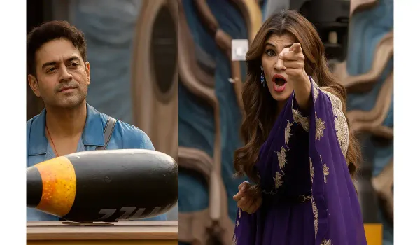 Two reality show contestants in a dramatic confrontation on stage.