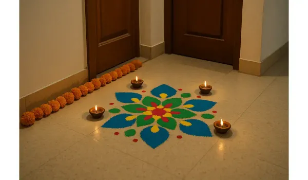 simple diwali rangoli designs with dots for small spaces at apartment entrance