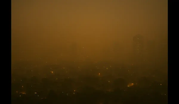 Delhi pollution red zone areas after Diwali night skyline view.
