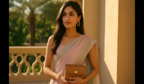 Indian woman styled with USA accessories to elevate Indian outfits.