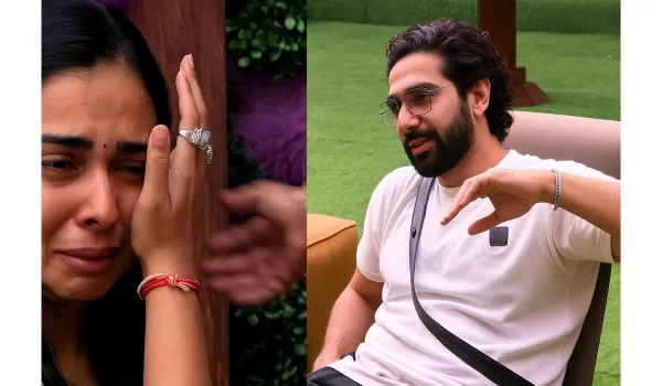Tanya Mittal crying while Amaal Malik gestures during an emotional confrontation in Bigg Boss 19 house.