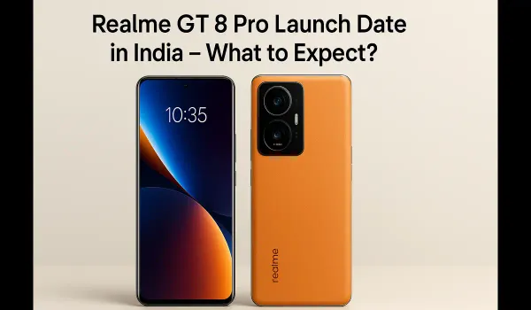 Realme GT 8 Pro smartphone showing front display and orange leather back design, highlighting India launch