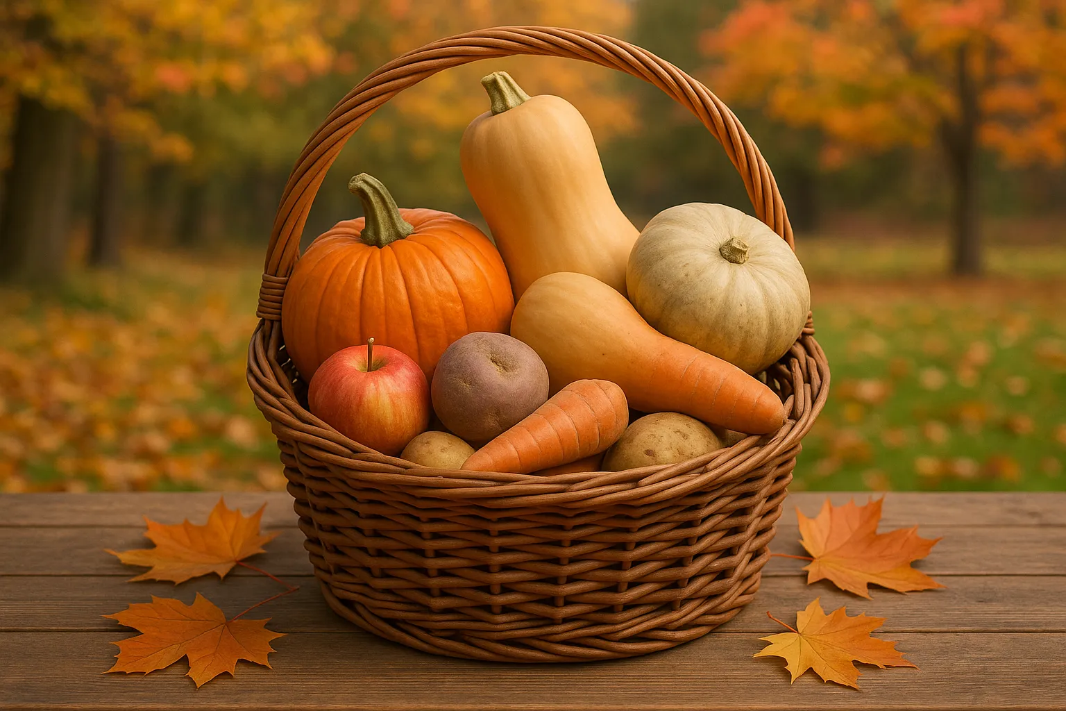 Autumn basket with pumpkins, squash, apples, carrots, and root vegetables on wooden table with fall leaves