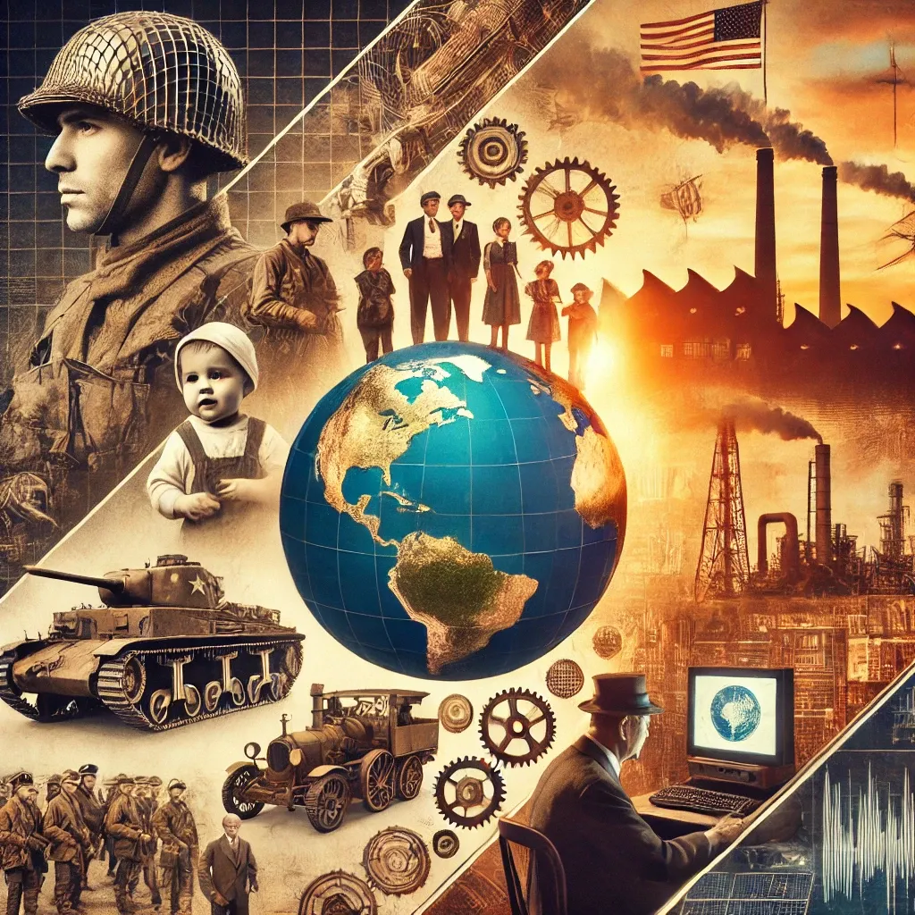The Impact of World War II on Modern Society A collage depicting World War II's impact on modern society, featuring elements like soldiers, factories, families, and post-war reconstruction to symbolize the war's influence on today's world.