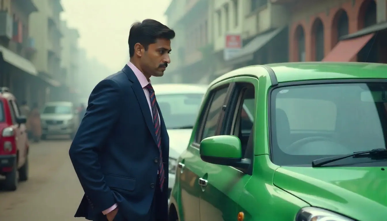 Young professional checking a used hatchback under 5 lakhs in India