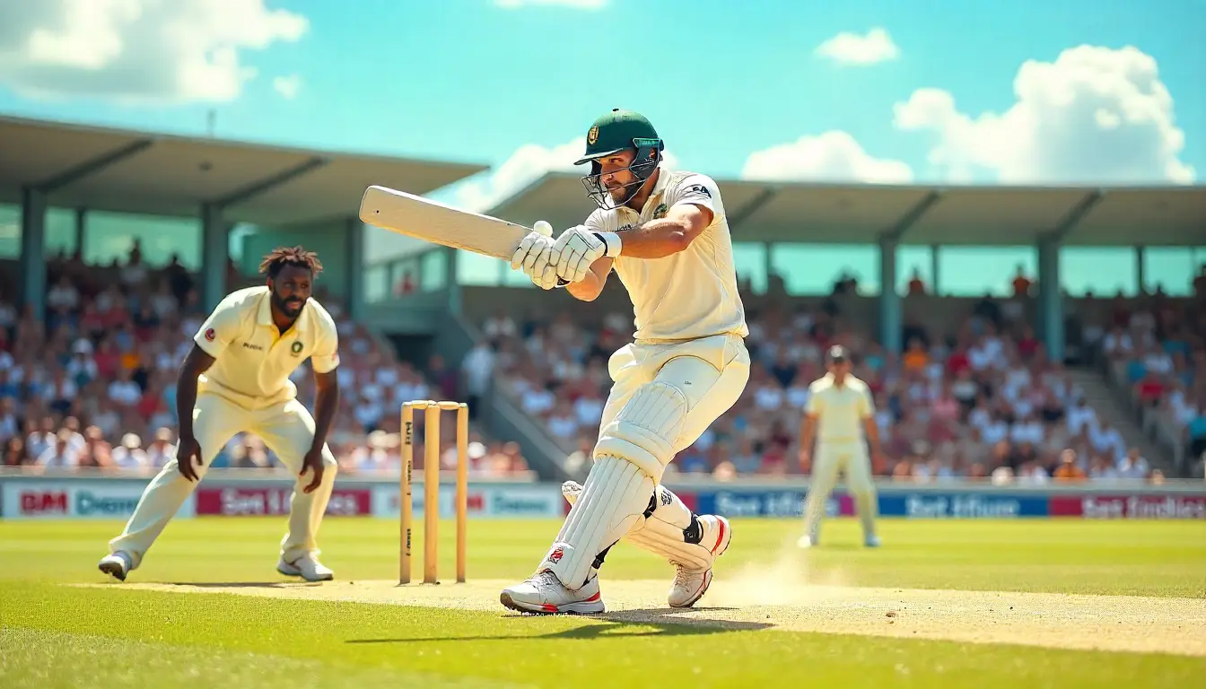 Australian men’s cricket team vs West Indies cricket team match scorecard displayed on a stadium scoreboard during an intense Test match.