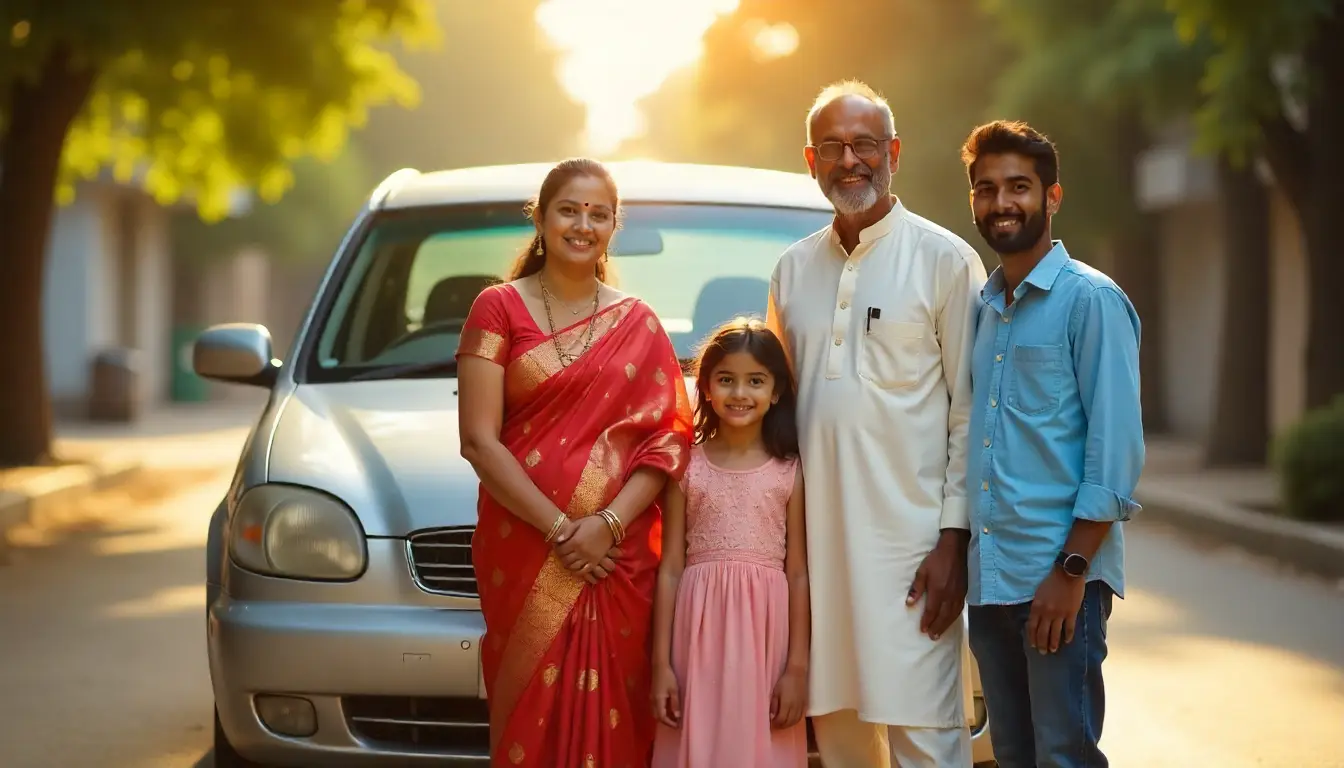 Indian family standing with a pre-owned sedan under 5 lakhs