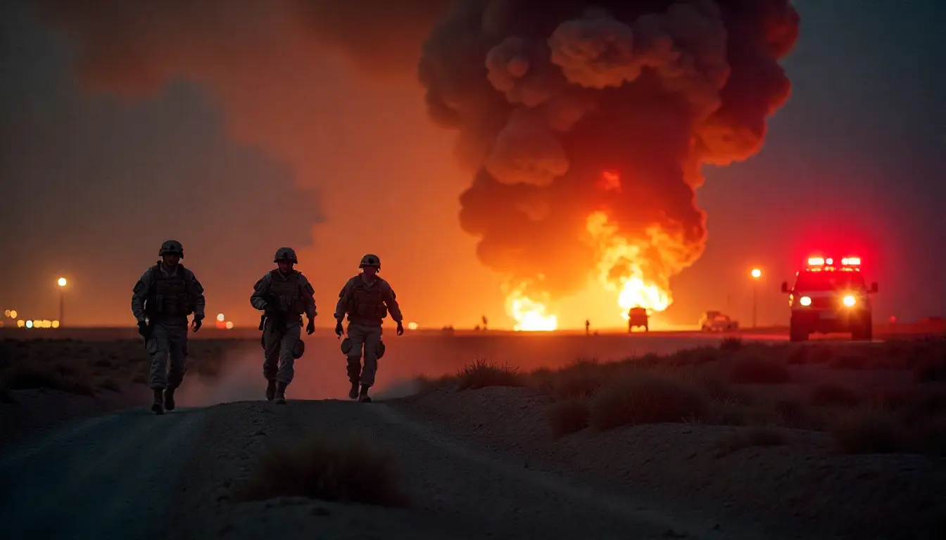 Iran missile strike on US military base with explosions at night.