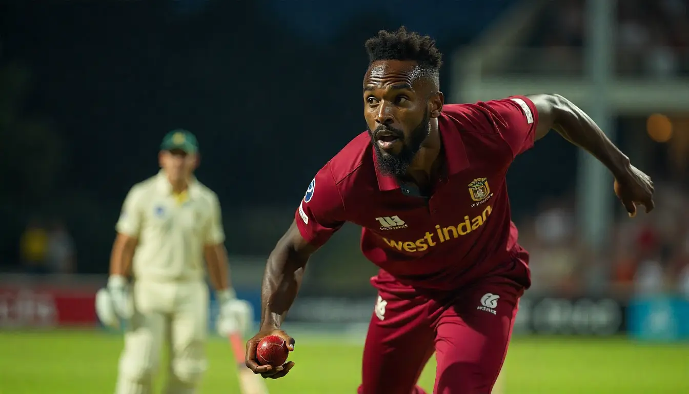 Australian batsman hitting a powerful shot against West Indies bowlers.