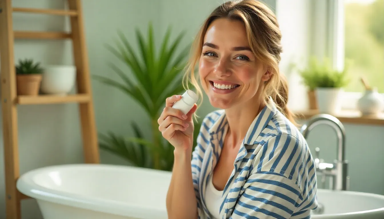 Smiling woman applying vegan moisturizer on her face.