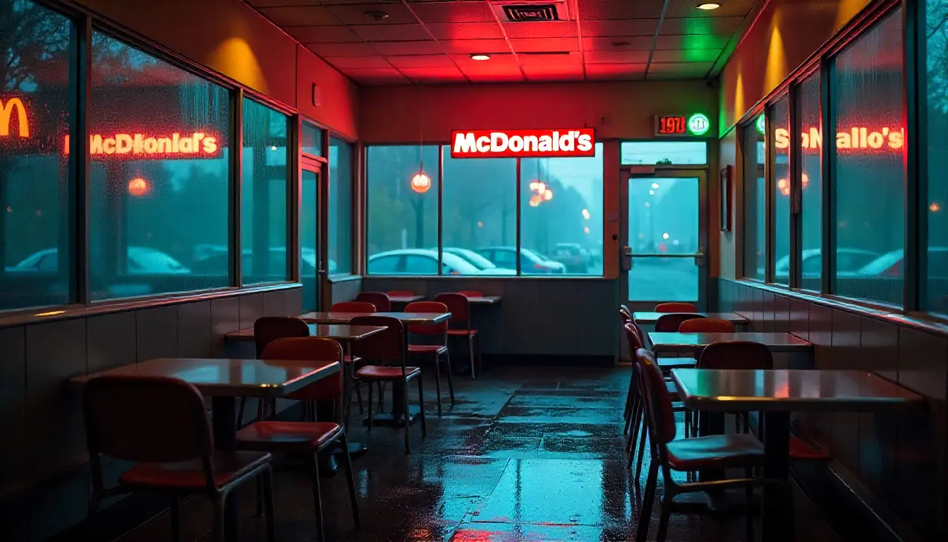 An empty McDonald’s outlet with vacant tables and no customers.