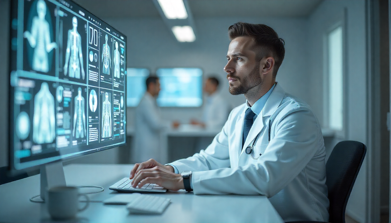 Doctor using AI technology to analyze patient health data for early disease detection