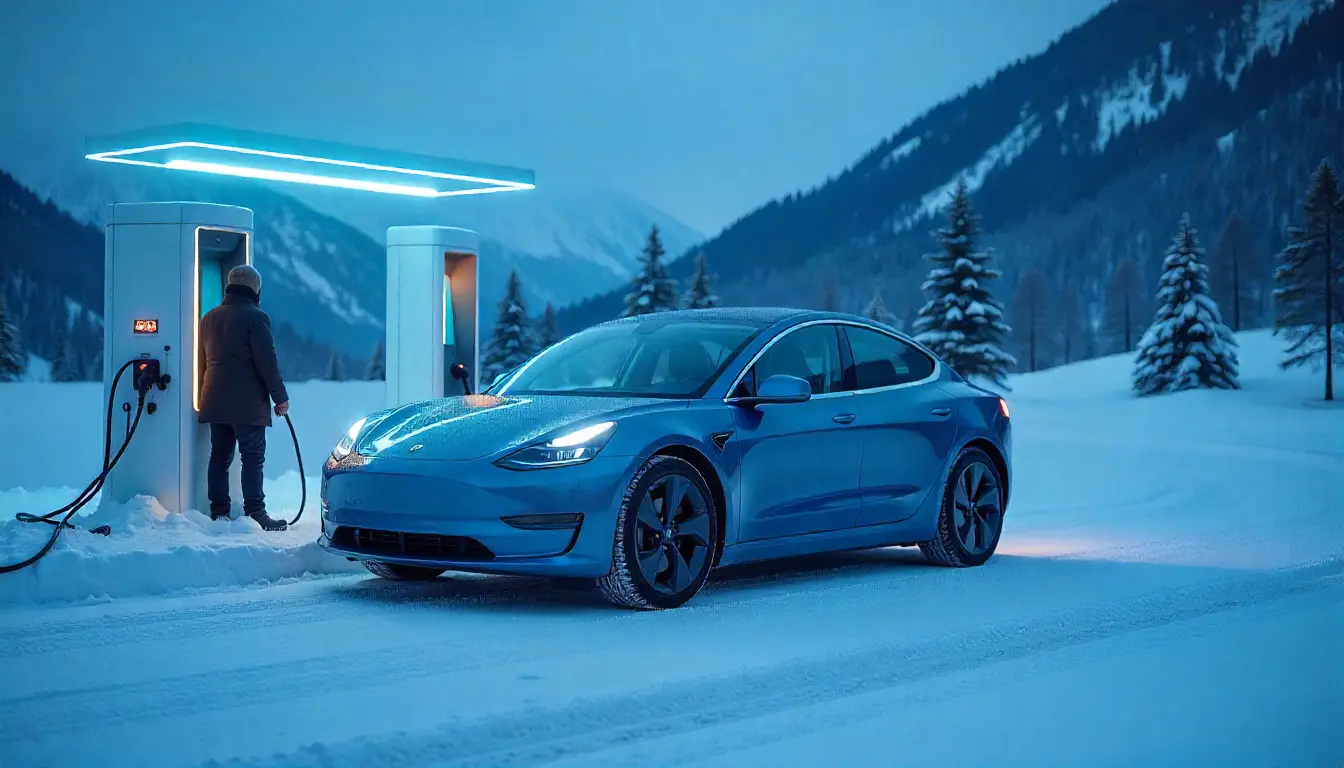 Electric car charging at fast-charging station with long-range battery