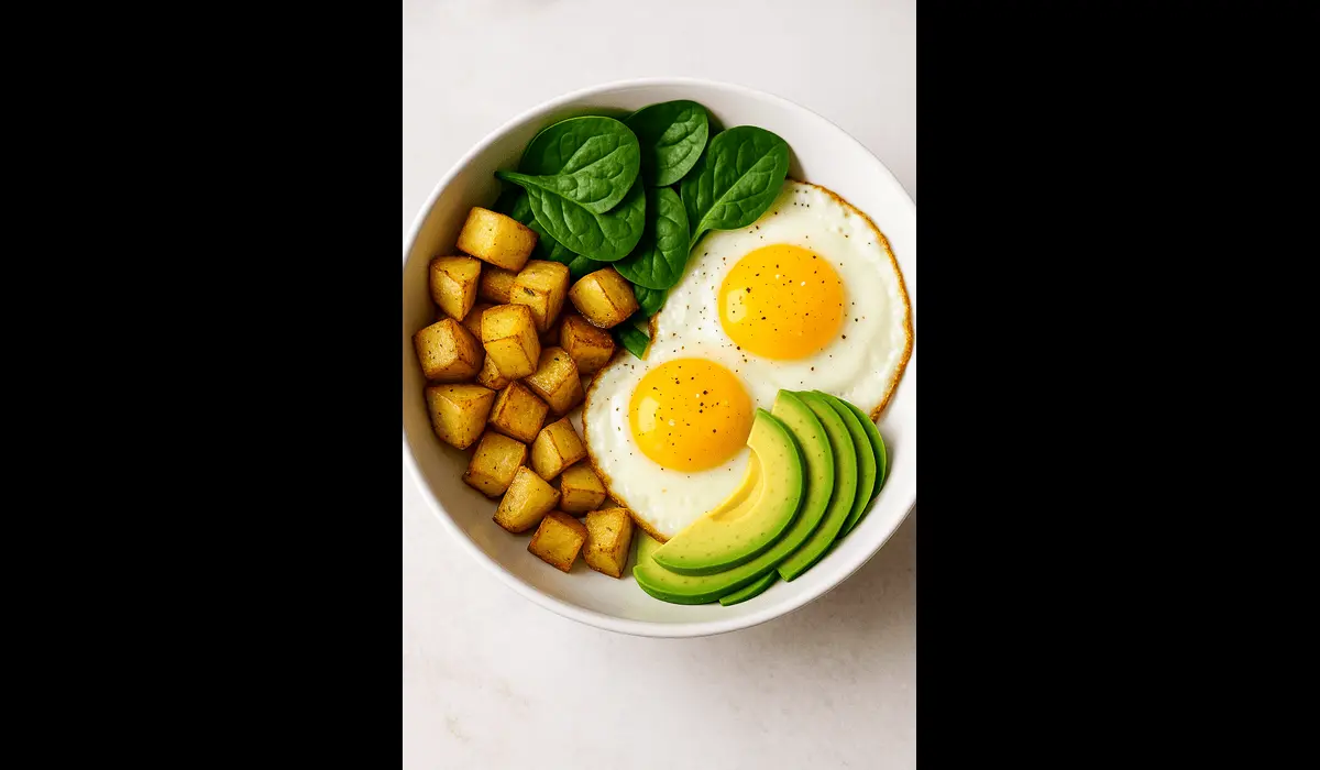 Homemade Breakfast Bowls That Go Viral with eggs, potatoes, avocado, and spinach in a white bowl