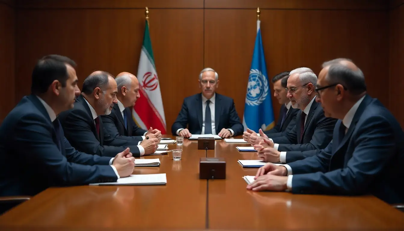 Iranian and Israeli diplomats sitting at a negotiation table during ceasefire talks.