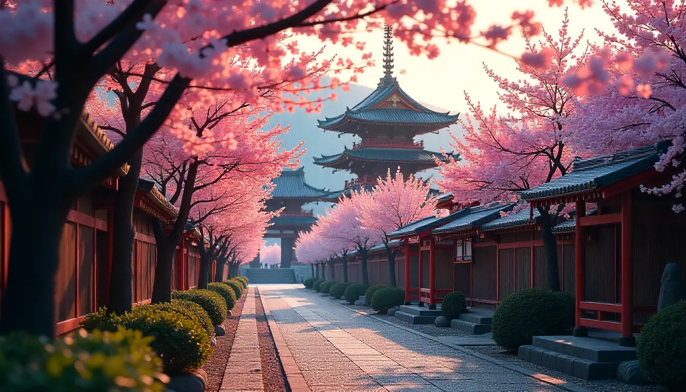 Traditional Japanese temple surrounded by cherry blossoms in Kyoto, Japan.