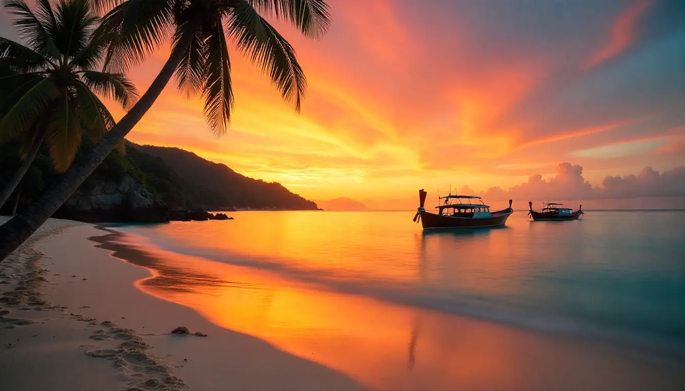 Sunset at Patong Beach with boats and palm trees