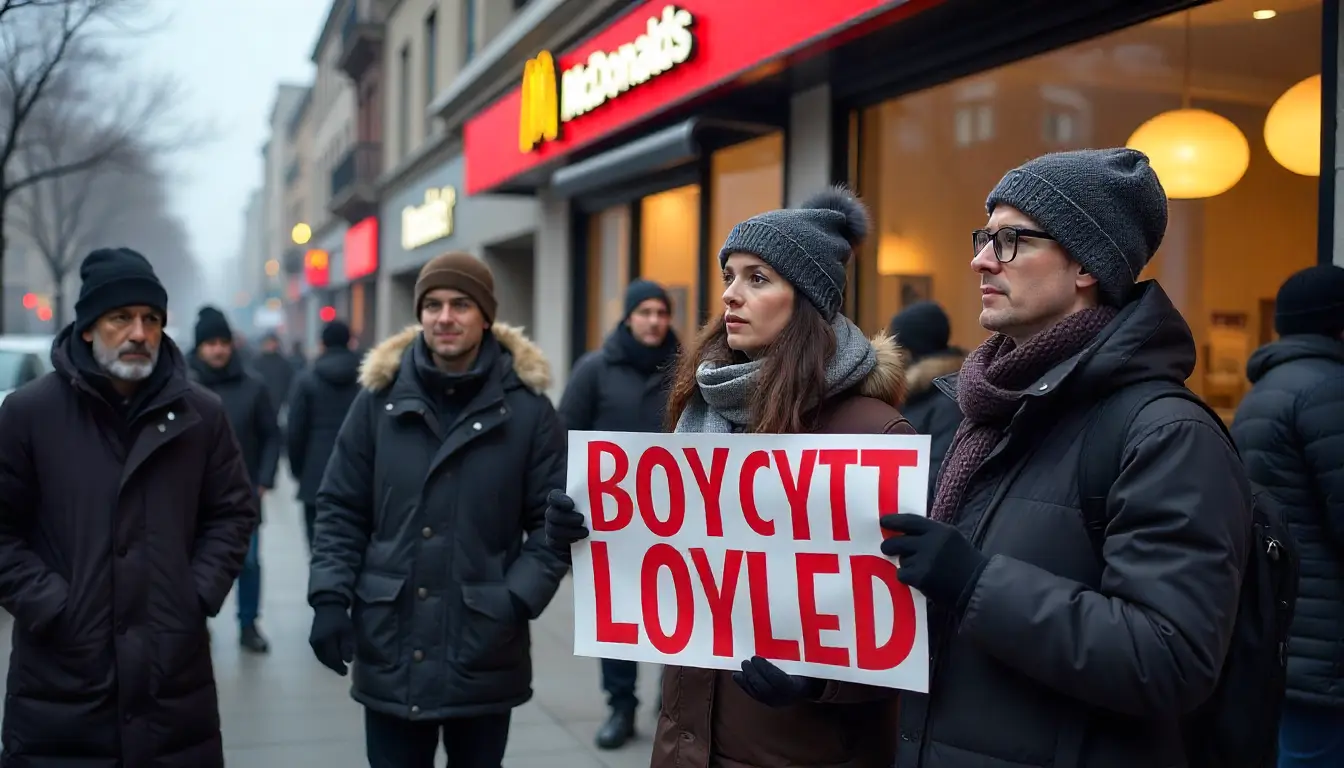 People protesting outside a McDonald’s restaurant holding boycott signs.