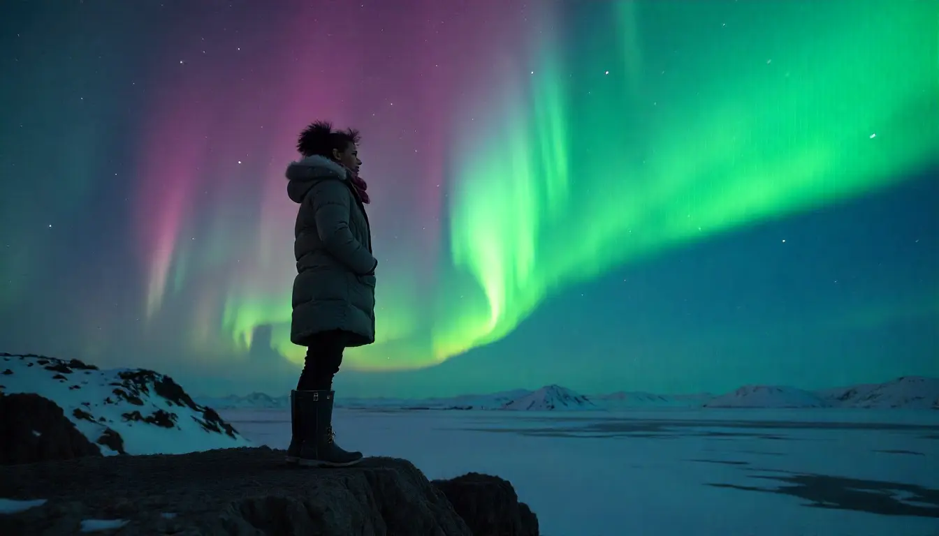 Solo woman enjoying the Northern Lights in Iceland